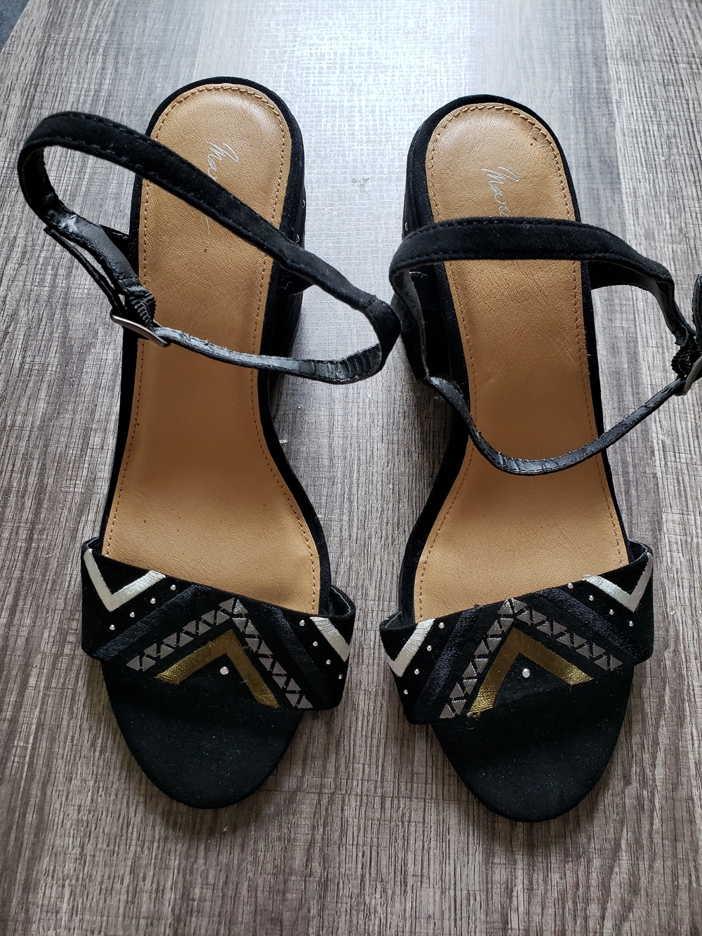 Black Geometric Accent Ankle-Strap Heels